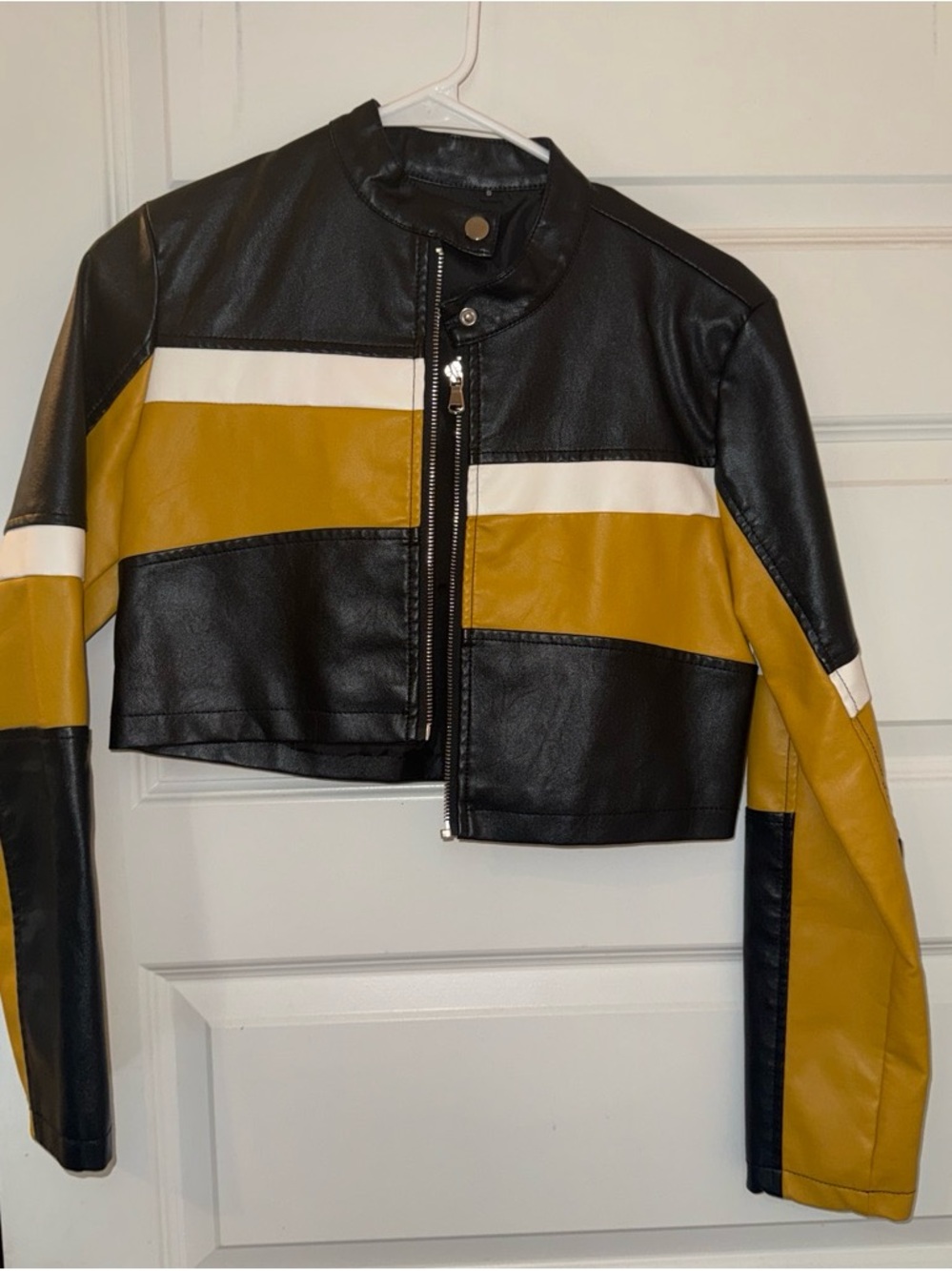 SHEIN Black, Mustard & White Cropped Faux Leather Colorblock Jacket